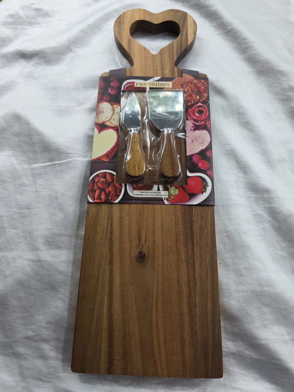 Acacia Wood Heart-Handle Cheese/Charcuterie Board with Two Cheese Knives